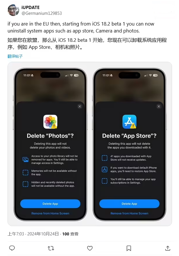 大兴苹果手机维修分享iOS 18.2 支持删除 App Store 应用商店 