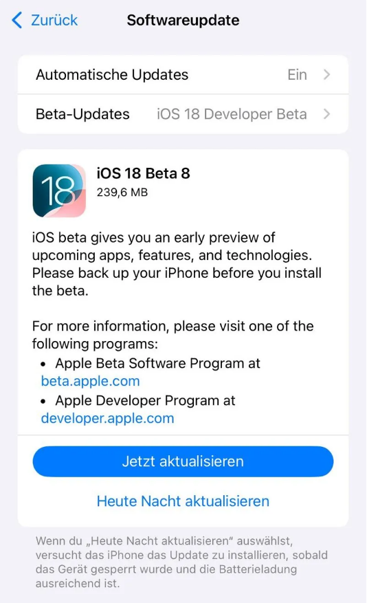 大兴苹果手机维修分享苹果 iOS / iPadOS 18 开发者预览版 Beta 8 发布 